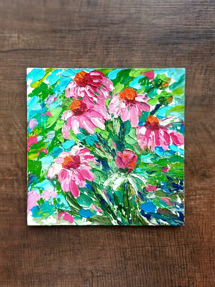 Oil painting bouquet of Echinacea flowers