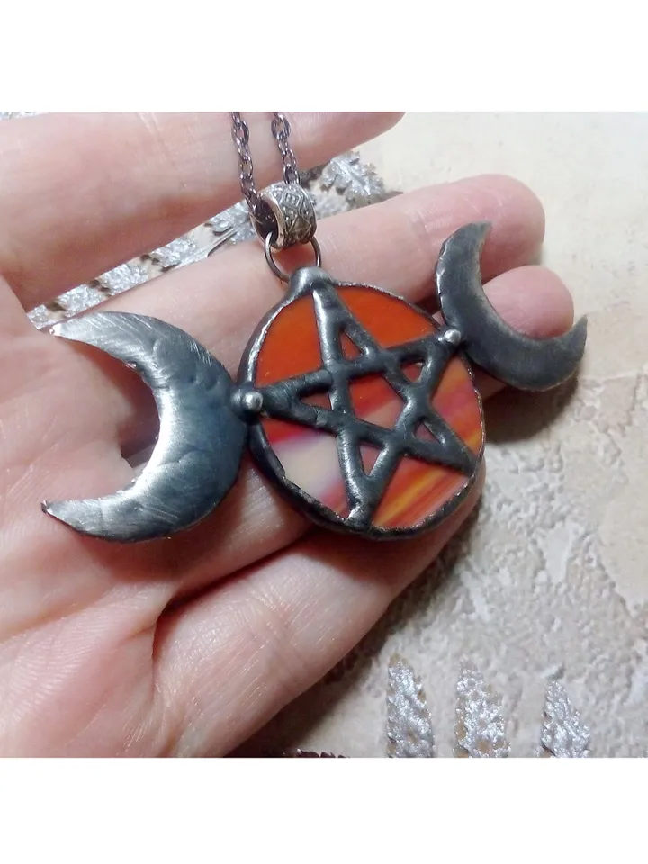 Hecate necklace, Pentacle, Moon Goddess, Stained glass moon, Moon phase necklace, Stainglass crescent, Full moon pendant