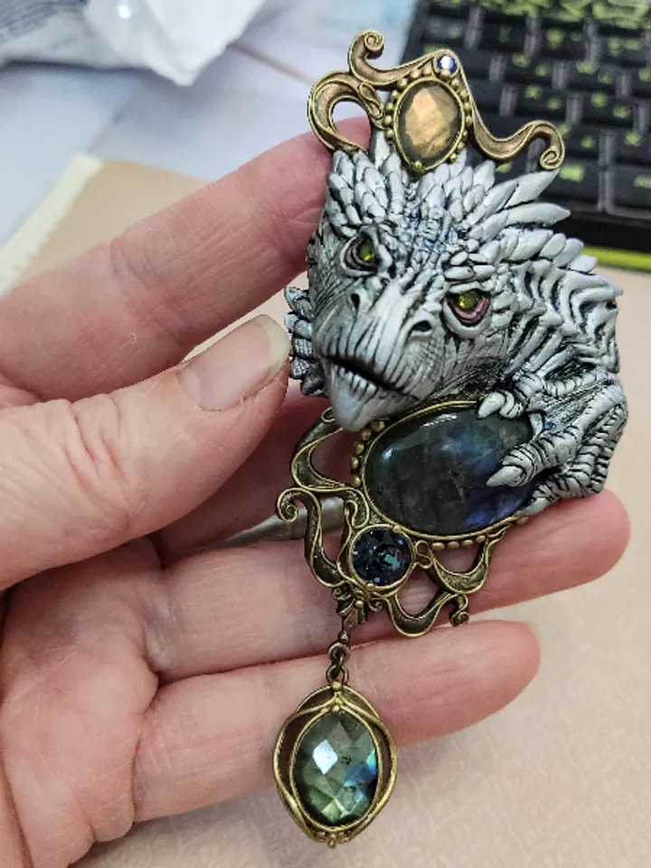 Brooch White Dragon, Dragon, Brooch with stones, unique brooch