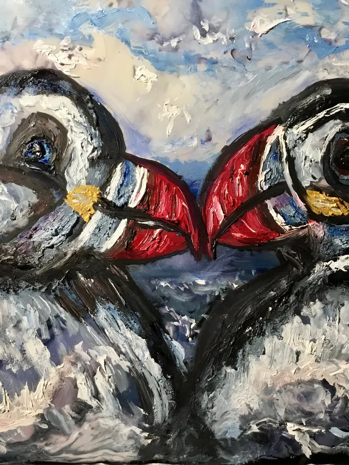 2 puffins original mix media oil painting on glass,stained glass panel,painting on glass,puffins in love,sea painting glass art,love gift.