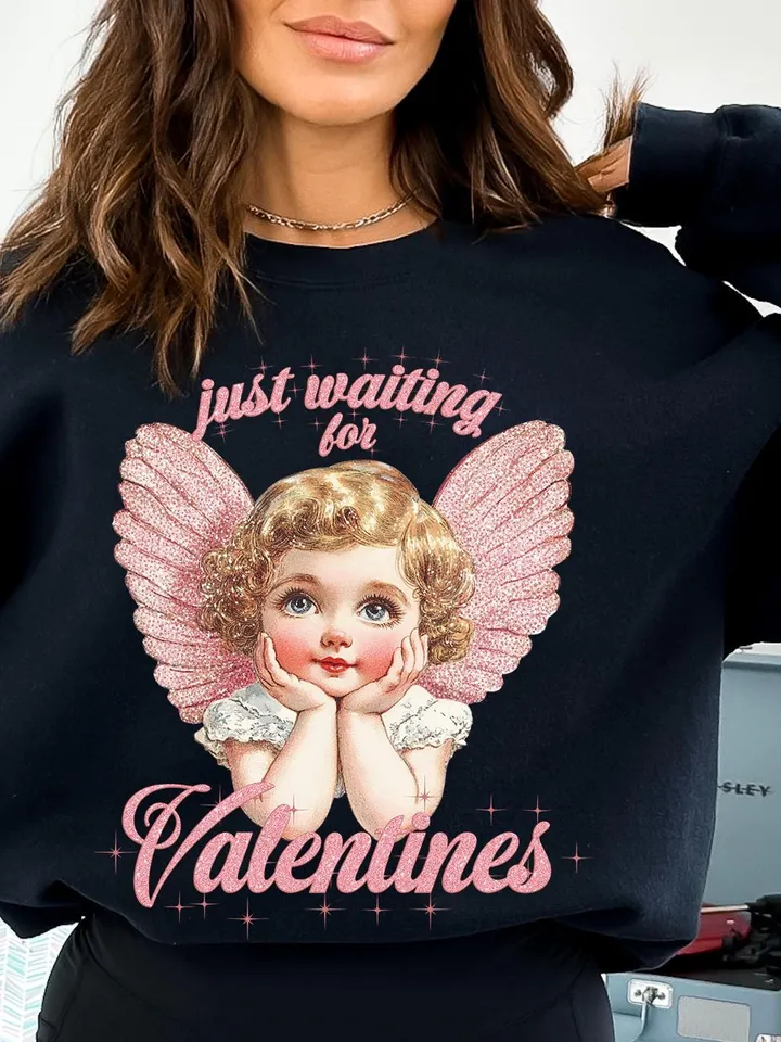 Just Waiting For Valentine's Png, Retro Valentine Shirt Design, Gold Glittered Cupid, Valentine's Day Png, Valentine Love Png Digital