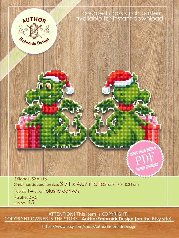 Christmas dragon cross stitch pattern PDF download Double-sided Christmas tree decor for plastic canvas, Small Green dragon pattern #N101