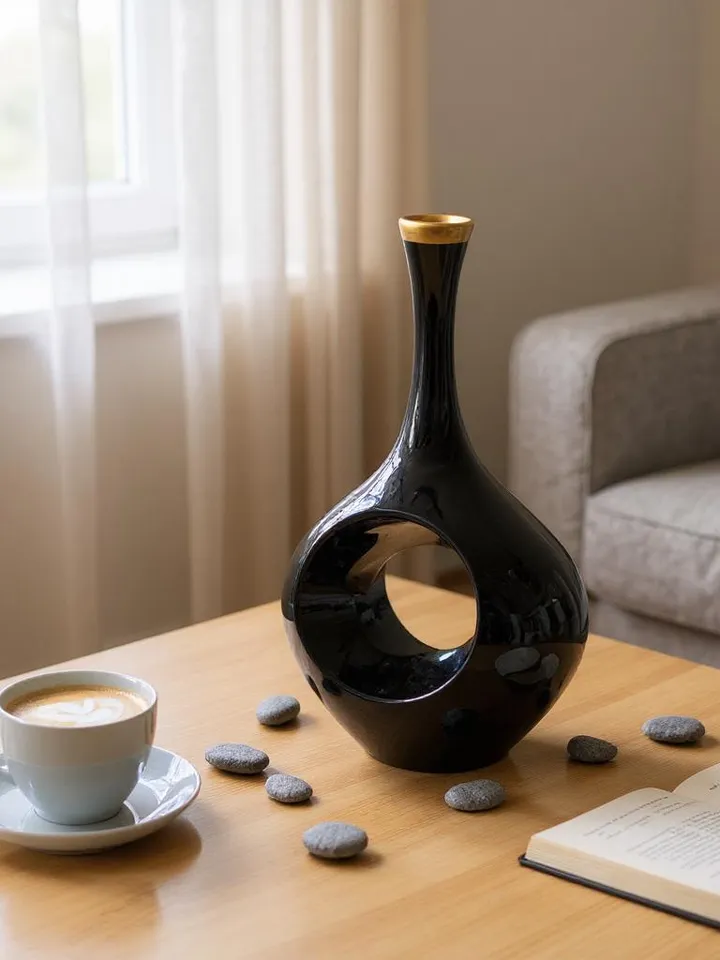 Handcrafted Aestetic Vase For Flowers or Home Decor | Elegant Black and Gold Hand-Painted Vase For Livingroom, Home Decor