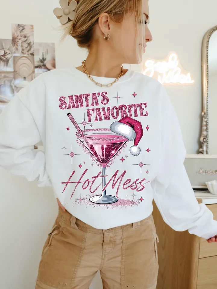 Santa's Hot Mess PNG, Glitter Christmas Martini Png, Christmas Drink T Shirt Png, Alcohol Xmas png, Glitter Santa Hat, Candy Cane Digital