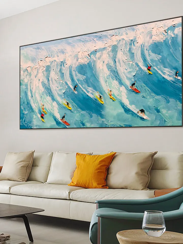 Original Surf Painting on Canvas Custom Painting Texture Wall Art Personalized Gift Blue Ocean Waves Nature Scenery Art Bedroom Wall Decor