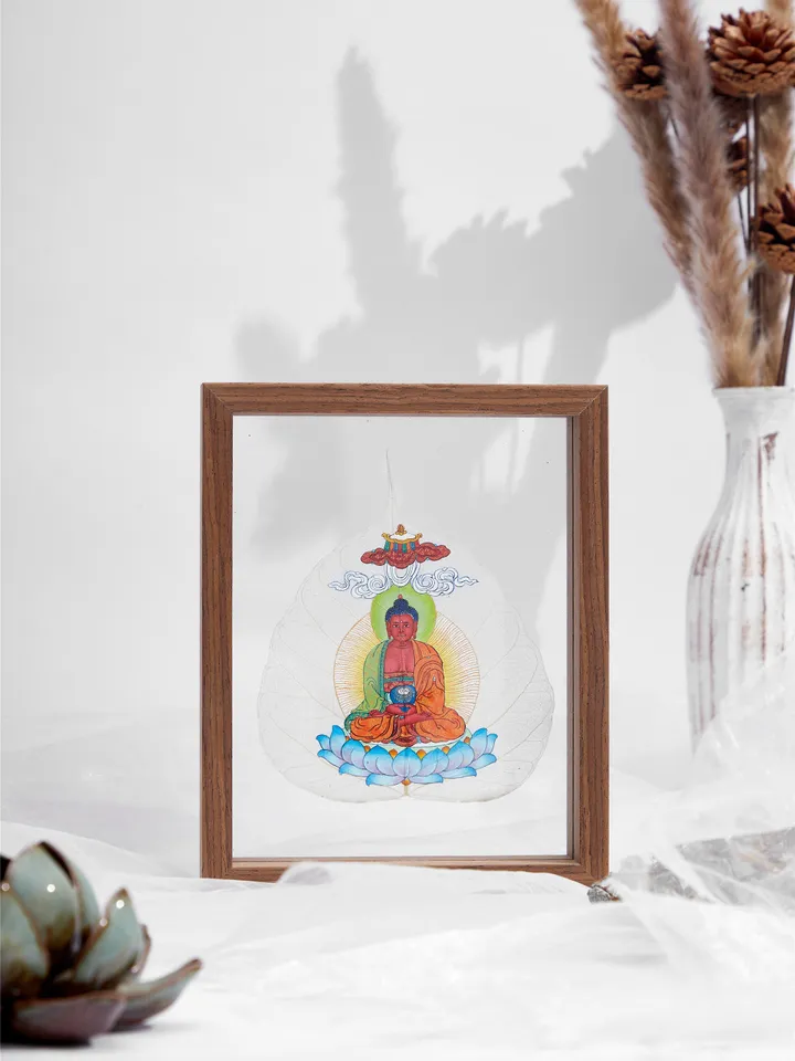 Gandhanra Handpainted Bodhi Leaf Thangka,Packed in Wooden Picture Frame,Painted with Natural Mineral Pigments,Green Tara Thangka