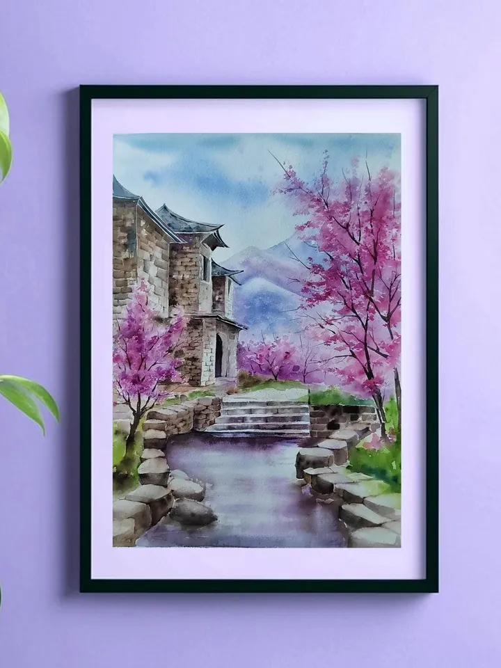 Cherry Blossom Artwork Original Watercolor Painting Japan in Watercolor 11.81x15.74 in by Art Café