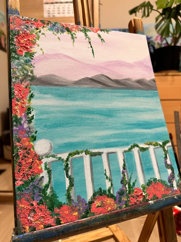 Original Painting Seaside Promenade Resort Town Seascape Mountains Nature Vacation Travel 12x10 inches 30x25 cm Canvas on cardboard Acrylic