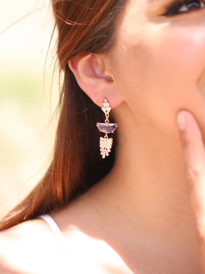 Art Deco Wedding Earrings For Bride, Purple Gold Statement Bridal Jewelry, Boho Bridal Earrings, Retro Fan Chandelier Stetement Earrings,