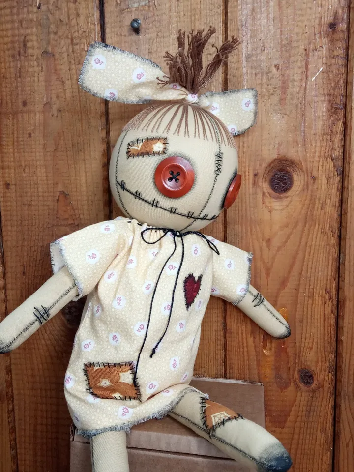 Handmade Doll With Button Eyes (Pale Yellow)