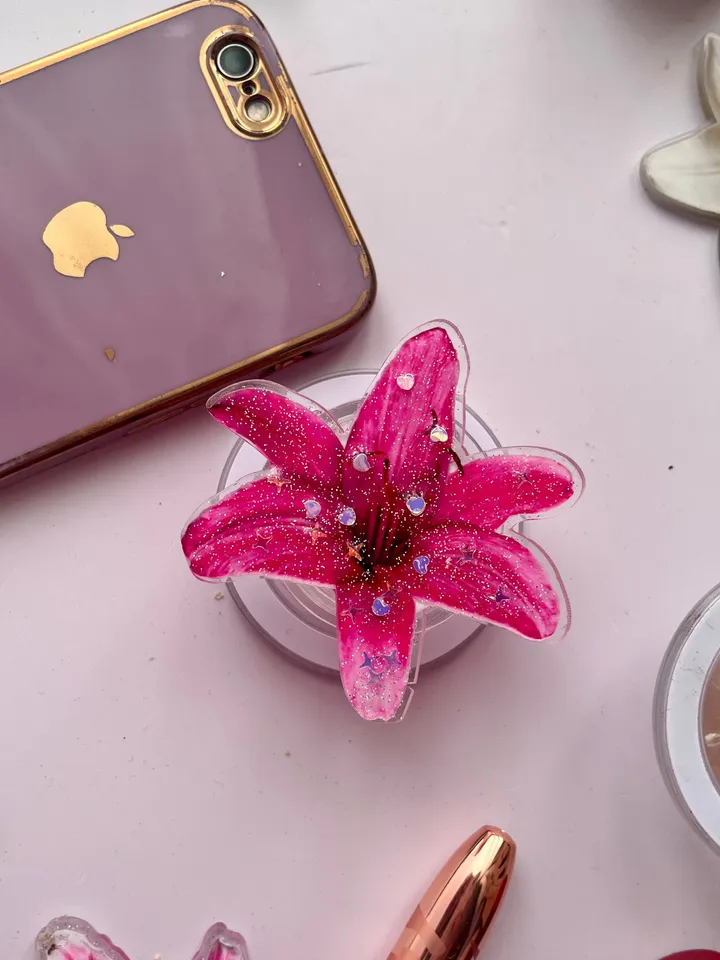 Magsafe Pink Lily Flower Phone Grip, Elegant Floral Phone Grip, Phone Accessory, Flower Popsocket