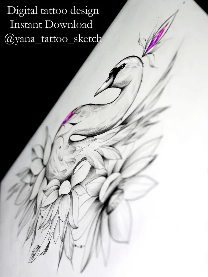 Swan Tattoo Design With Flowers Swan Tattoo Idea Stencil Sketch, Instant download PDF, JPG