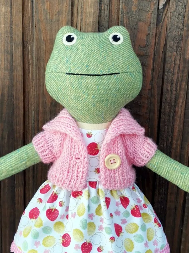 Green frog girl, handmade soft toad toy, textile stuffed doll, fabric frog