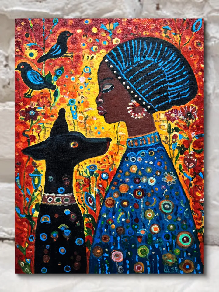 African Girl and Dog Original Oil painting Oil on canvas