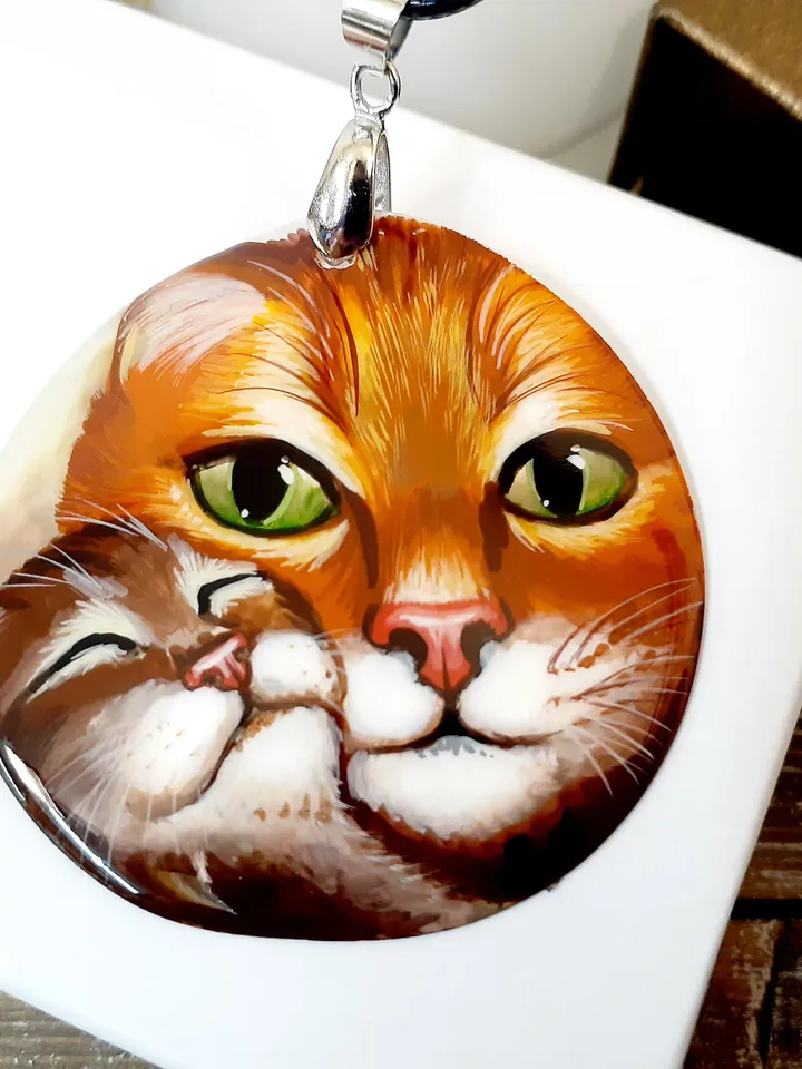 Beautiful Pendant"Cat and kitten" Hand-painted,Russian jewelry,Art gift,Mother-of-pearl hand-painted,Miniature painting, Art Gift