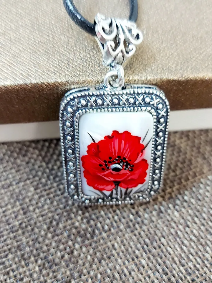Pearl pendant necklace: Square pendant with big red poppy flower painted on shell • handmade Russian jewelry • unique trendy necklaces