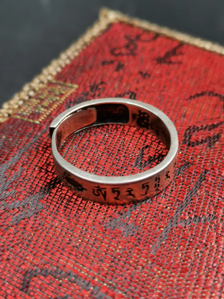Gandhanra Unique Handcrafted Tibetan Silver Ring | Amitayus Ring and Mantra | Adjustable Size | Protection Jewelry | Spiritual Gift