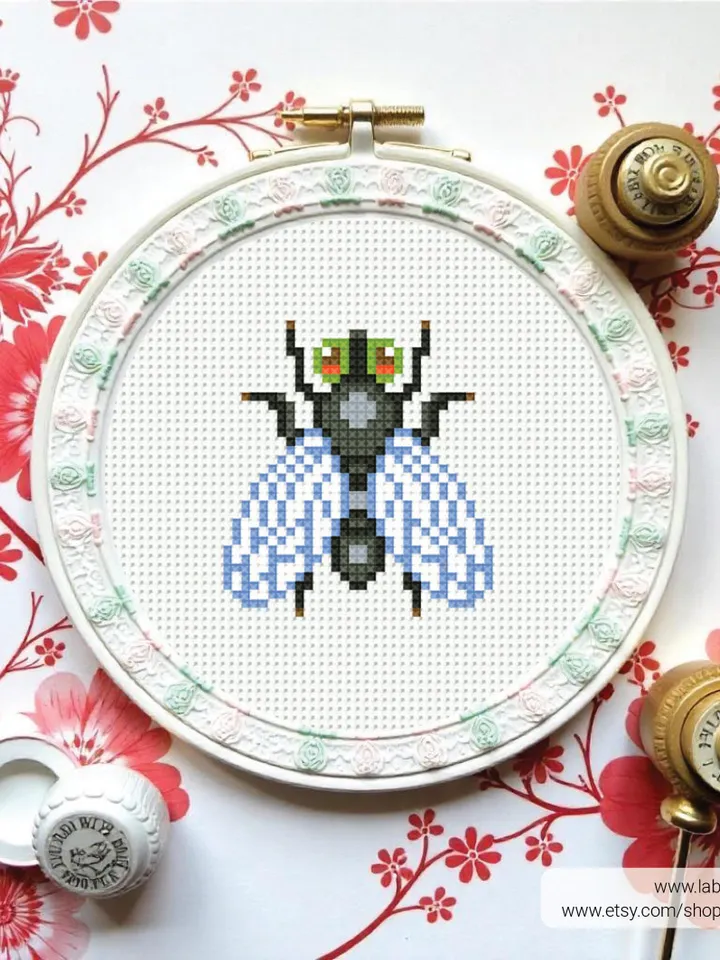 Bundle mini Insects 5 Cross stitch patterns, contemporary, 3 inches, Dragonfly, beginner, modern chart, gift DIY, embroidery, instant PDF