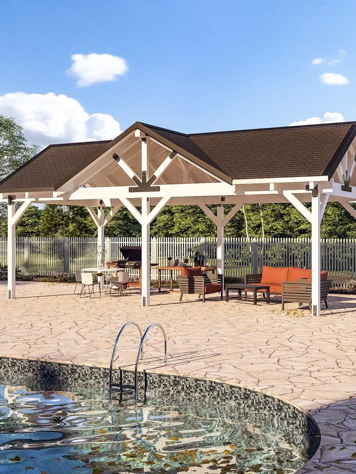 3 Gable Timber Pavilion Plans | 14'x28' Outdoor Pavilion Blueprints