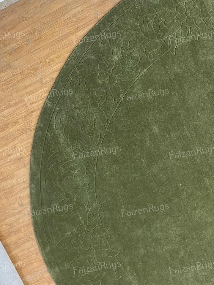 Ready to Ship 11x11 Green Hand Tufted Rug | Hand Carving Rug | Circle Shape Rug 100% Wool For Kids Room | Living Room | Bed Room Nursery