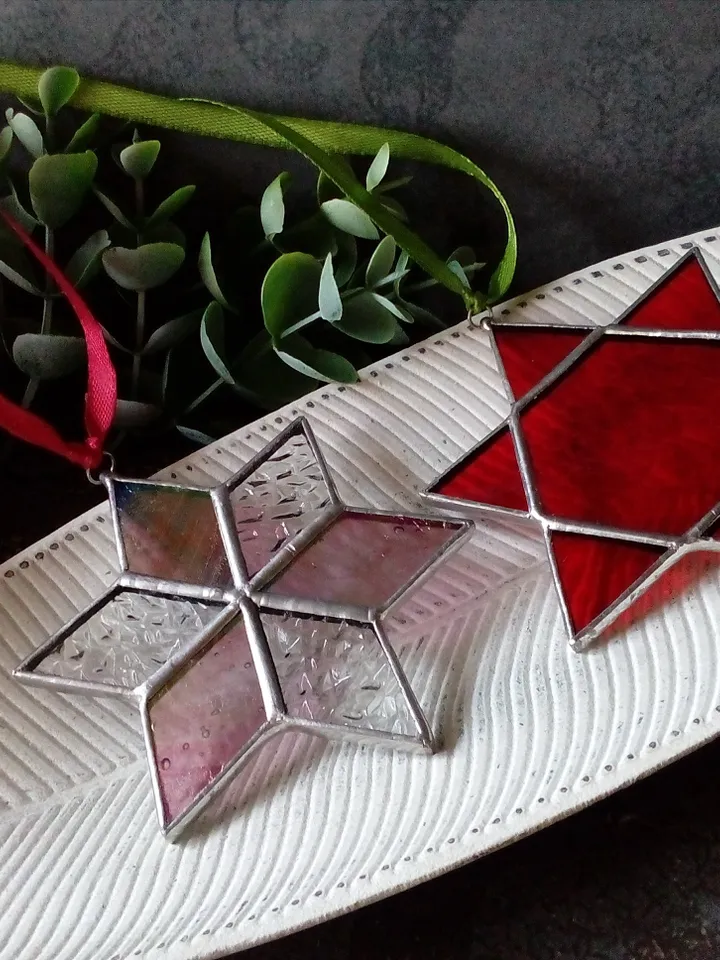 Set of 2 snowflake suncatchers, christmas ornaments, simple stained glass, Christmas decorations, Xmas tree star