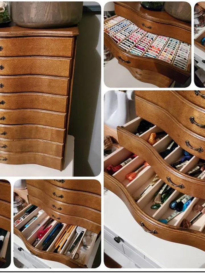 Floss storage cabinet for DMC floss bobbins and skeins, Stitching drawer box with curved faces in vintage style