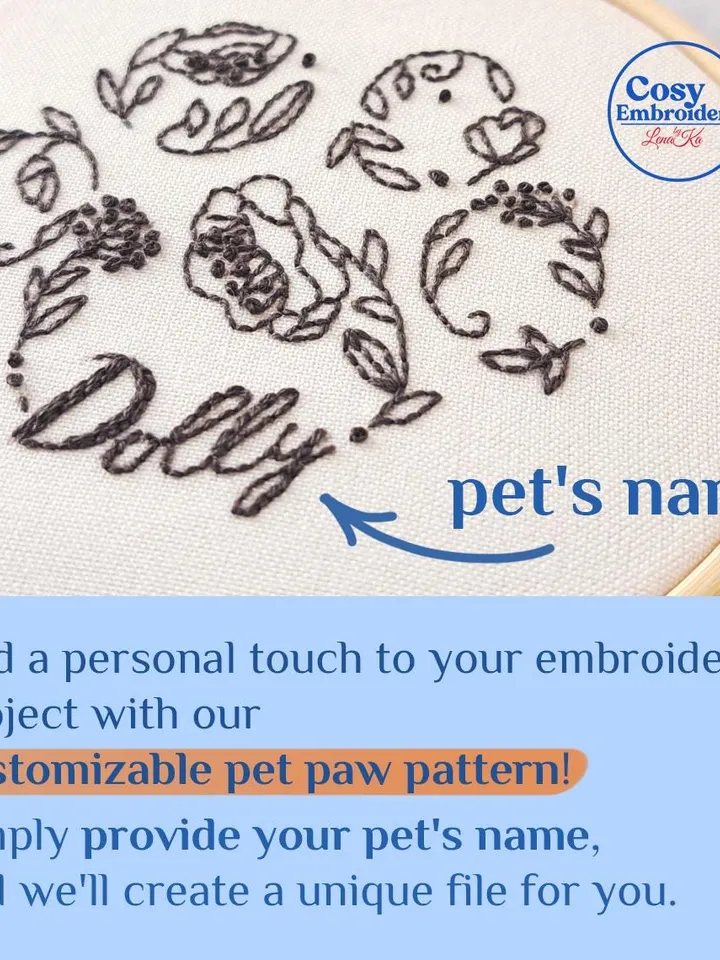 Personalized Pet Paw Embroidery Pattern Custom Dog Cat Name Design Step-by-Step Beginner Friendly PDF Tutorial DIY Unique Hoop Art