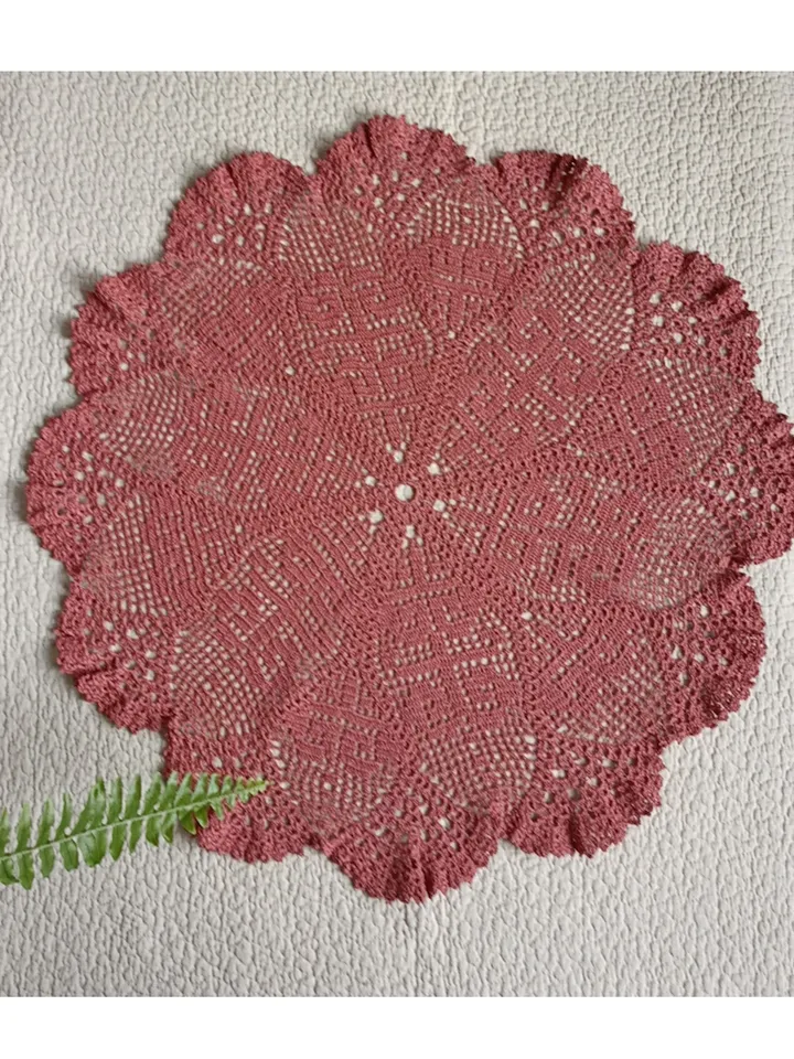 Hand crocheted large cranberry-colored doily 22 inch