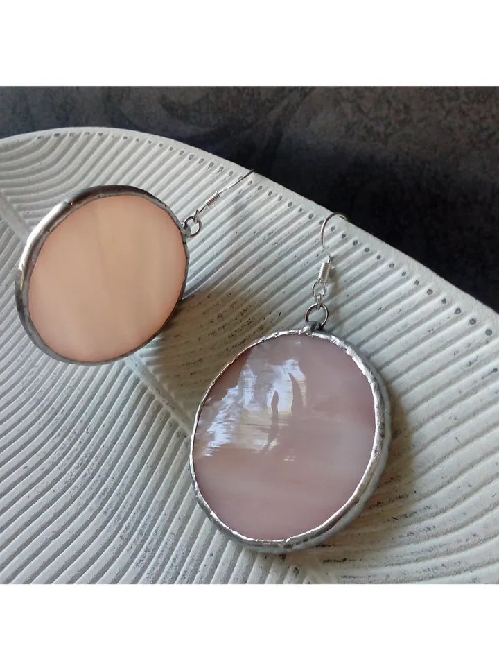 Stained glass Pink earrings, Dangle earrings, Geometric earrings, stainglass cute earrings, Round stained glass
