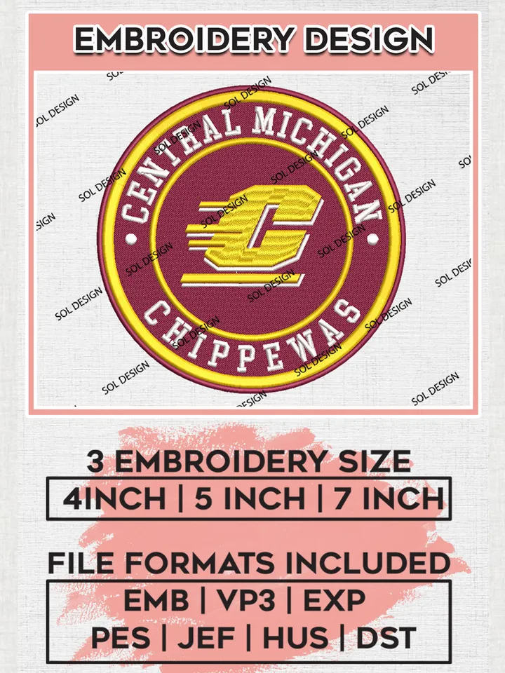 NCAA Central Michigan Chippewas Round Logo Embroidery, NCAA Central Michigan Team Logo Embroidery files, NCAA Teams, Machine embroidery designs, Digital Download