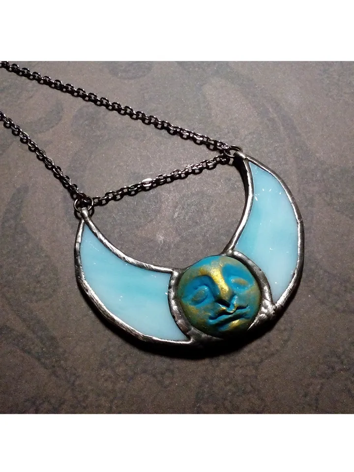 Stained glass blue moon, Moon Goddess, Moon phase necklace, Stainglass crescent, Full moon pendant, Moon face necklace