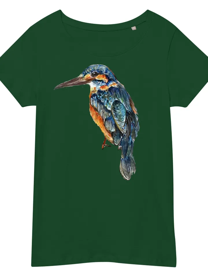 Kingfisher Women’s basic organic t-shirt made with my original watercolour painting,birds t shirts,unique handmade designer shirts for sale