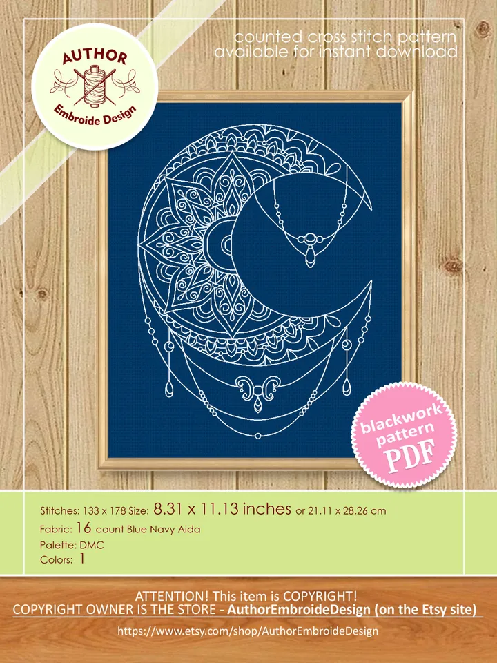 Crescent moon blackwork pattern PDF download Mandala moon embroidery PDF, Backstitch chart Moon ornament, Mandala blackwork embroidery #W32