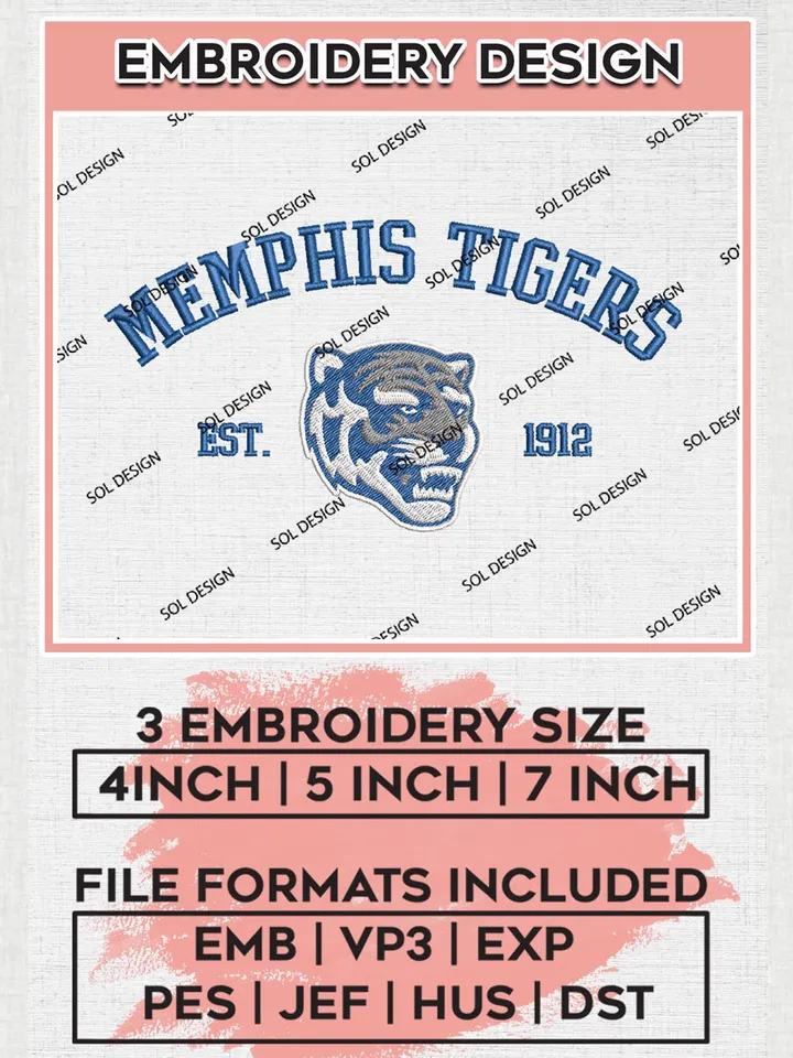 Memphis Tigers Est 1912 Logo Embroidery Designs, NCAA Memphis Tigers Team Embroidery, NCAA Team Logo, 3 sizes, Machine embroidery Files, Digital Download