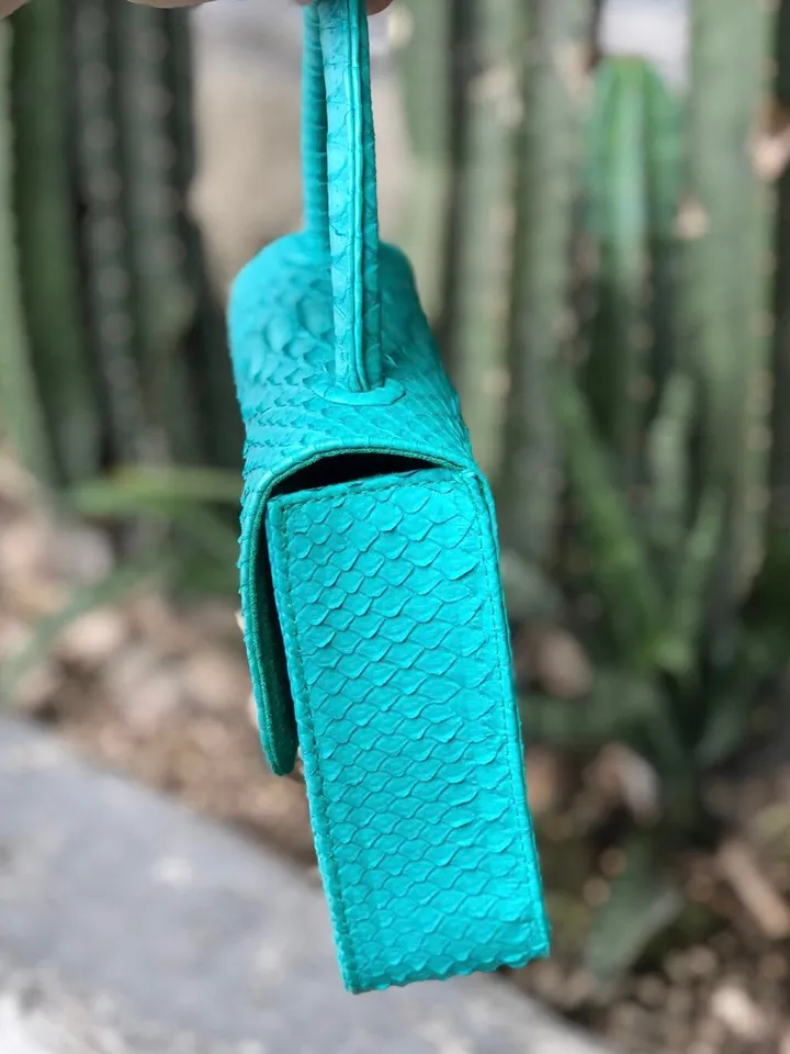 Genuine python skin small cute top handle bag | summer bags | Exotic leather bags | bright turquise hand bag | designer handle womenbag
