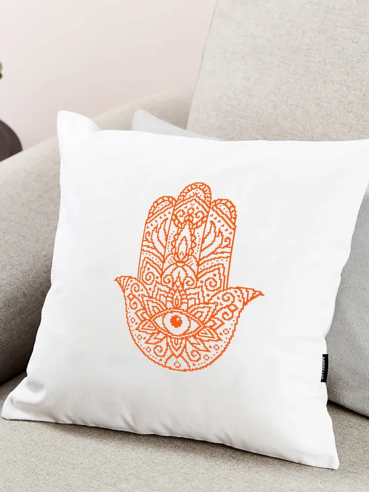 Hamsa hand cross stitch pattern download PDF, Monochrome mandala pattern, Hand of Fatima cross stitch, Evil eye hamsa beginner stitch #M83