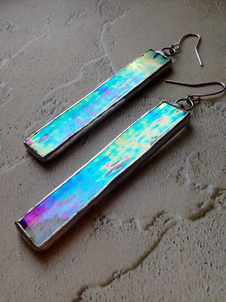 Iridescent stained glass, clear earrings, cute rectangle earrings, dichroic earrings, duochrome earrings
