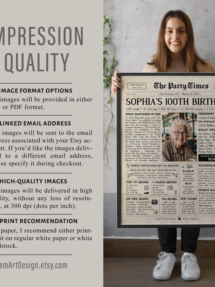 100th birthday newspaper poster for grandma born in 1925 back in 1925 printable sign personalized 100th birthday gift vintage style
