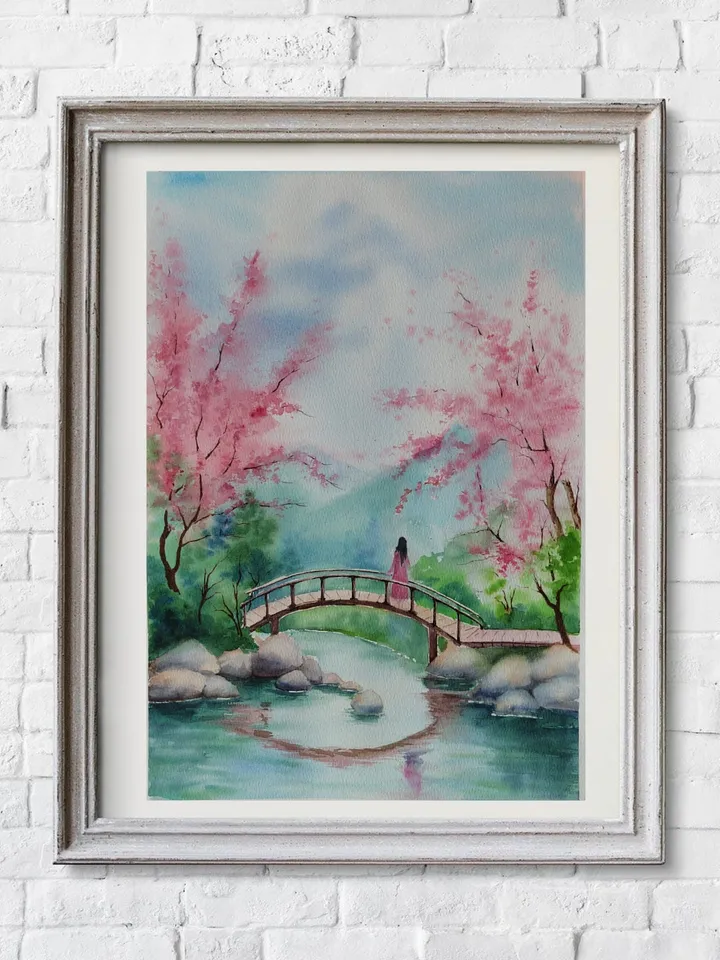 Japan Landscape Art Cherry blossoms Artwork Bridge River Picture Original Watercolor Painting 10.62x15.35 in by SoftWaves