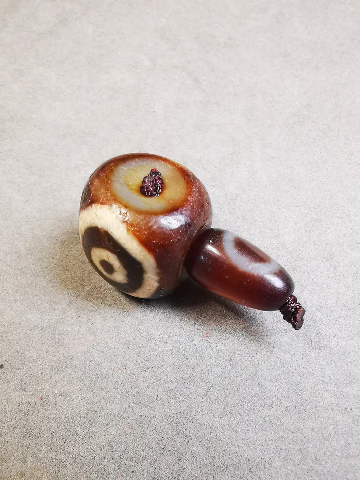 Gandhanra Old 2 Eyed Dzi Guru Bead,T-drilled 3-Hole Mala Bead, Prayer Bead,Connector Bead for Buddhist Bead