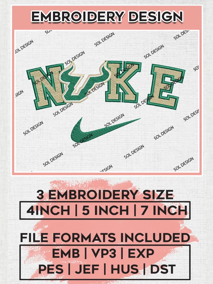 Nike South Florida Bulls Machine Embroidery Design, NCAA South Florida Bulls Embroidery Design Design files, NCAA Embroidery Designs, NCAA Machine Embroidery Designs, Digital Download