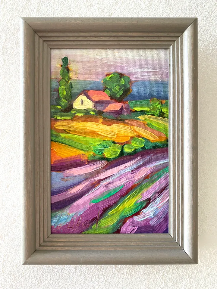 Lavender Fields Painting Tuscany Original Art Landscape Oil Painting Impasto Small Artwork 4x6 Tuscan Serenity Painting Wild Flowers