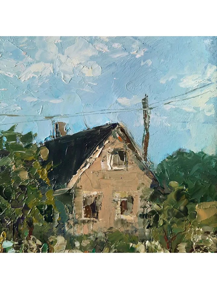 Sunlit Houses painting 8x12” ORIGINAL ART Impressionist Village landscape hand painted by artist Marina Chuchko