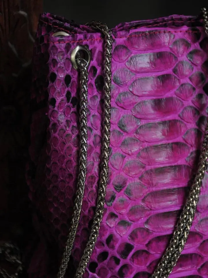 Genuine python skin bucket fuchsia chain bag / designer women purse / summer soft bag / exotic leather bags free shipping / gift for her
