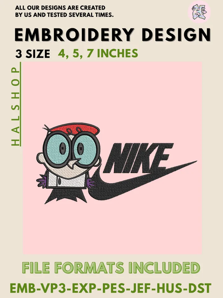 Dexter x Nike Machine Embroidery Design – Dexter’s Laboratory Cartoon Digital Embroidery File 🧪