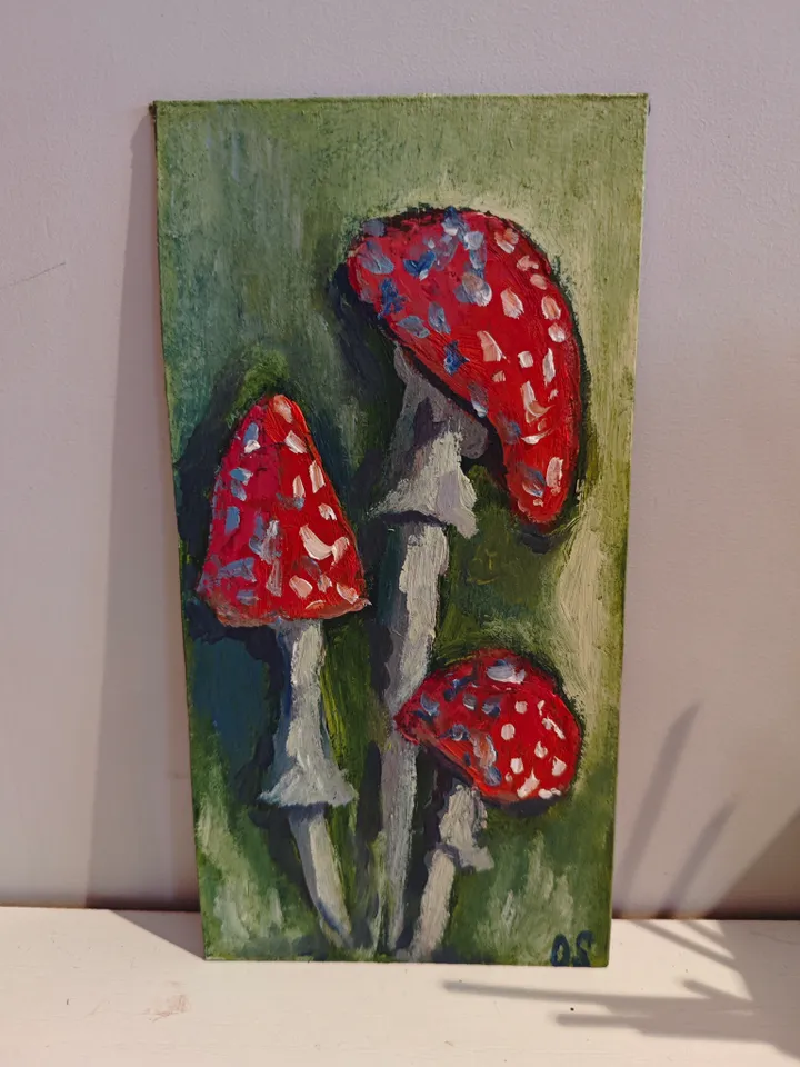Mushroom Original Painting Red Amanita Original Art Fly Agaric Modern Artwork Red Mushrooms Wall Decor Amanita Oil Painting 4x8 inches by OlgaSokolovaArt