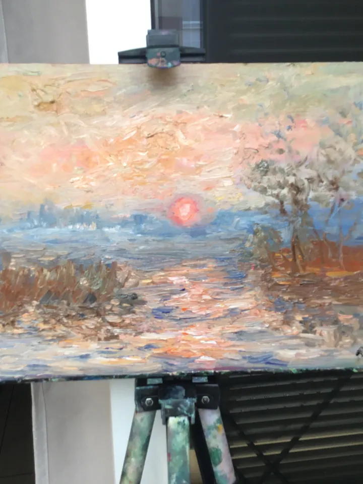 Sunset on the river,original oil painting on canvas board,landscape oil painting