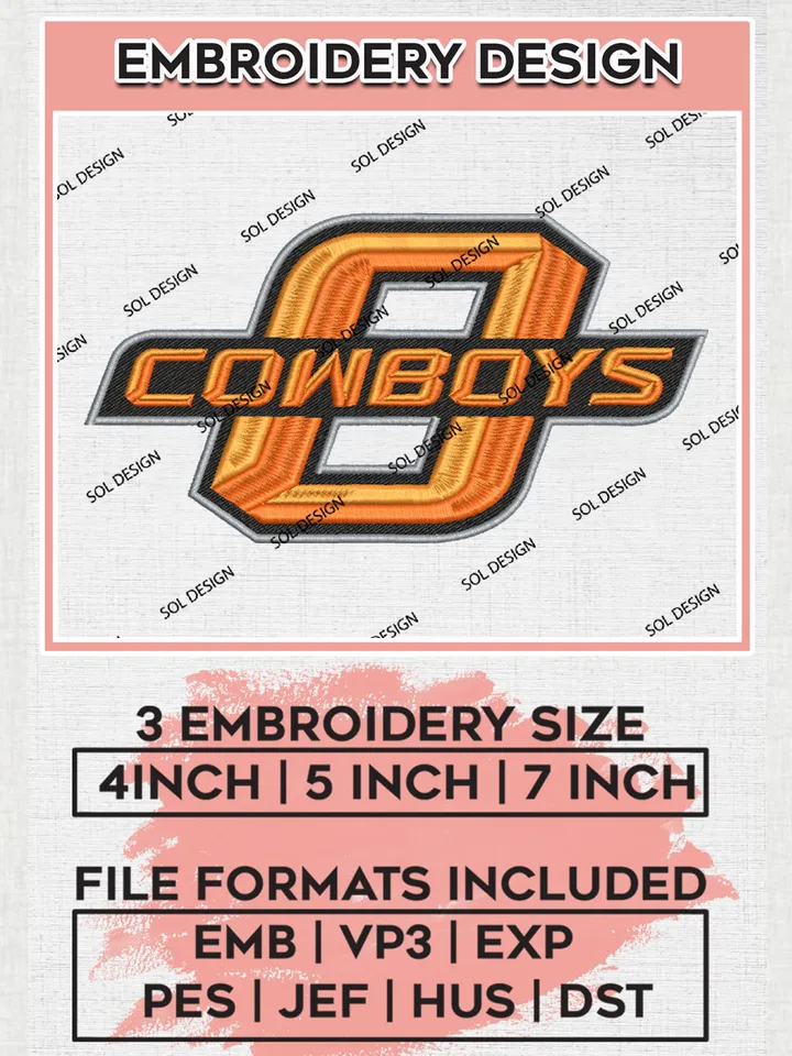 Oklahoma State Cowboys College Team Logo Embroidery Design Files, NCAA Oklahoma State Cowboys Machine Embroidery, NCAA Teams, 3 sizes, NCAA Machine embroidery designs, Digital Download