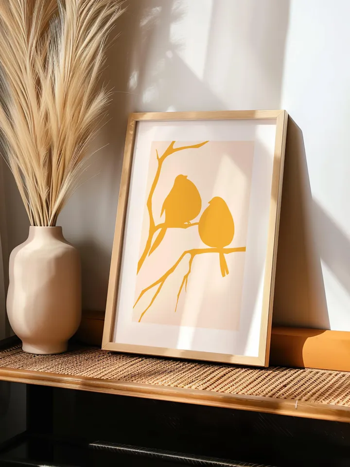 Minimalist Bird Wall Art Boho Bird Poster Abstract Nature Silhouettes Modern Yellow Decor Scandinavian Style Contemporary Bird Digital Art
