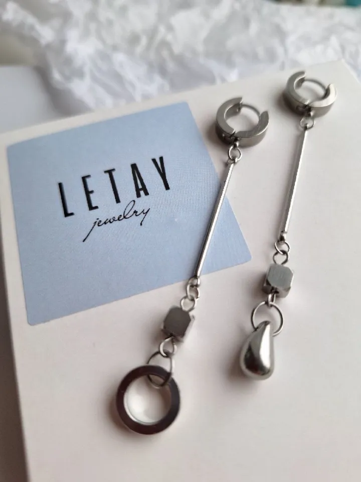 Handmade elongated steel earrings Stylish jewelry Asymmetrical earrings Accessory as a gift for a friend Fancy earrings Casual long earrings